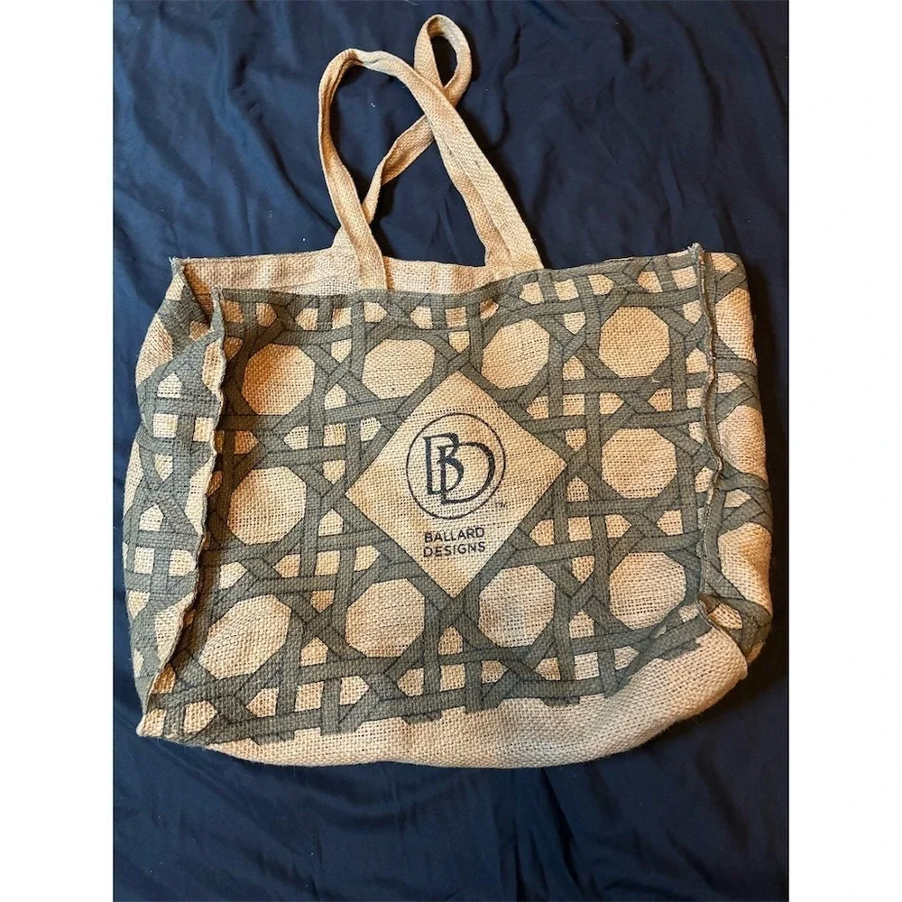 Ballard Designs Tote Bag L Natural/Tan Gray Geometric Logo Reusable jute boho BD